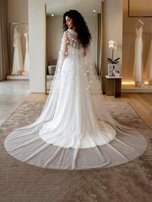 1件奢华3D立体花朵珍珠装饰新娘披肩，长3米，扇形边，甜美优雅，适合女士婚纱。 - 彩色 - 查看 4