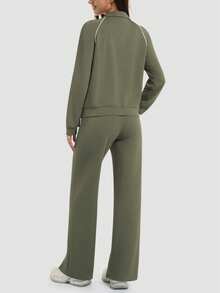 Women's 2 Piece Sweat Outfits Casual Lounge Zip Up Sweatshirt Wide Leg Jogging Pants Striped Track Suit Set - Olive Green - View 5