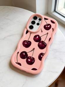 1pc Camera Hole Full Protection; Wavy Texture Comfortable Grip; Matte Anti-Slip Anti-Dirt; Cherry Pattern Cute Design; Soft Case Easy Install Compatible With Samsung A14/A15/A16/A17/A04/A05/A06/A07/A54/A55/A56/A34/A35A/36/S25/S25Plus/S25Ultra, A54, Moto G13/14/15 Soft Full Cover Phone Case - Wave Pink - View 2