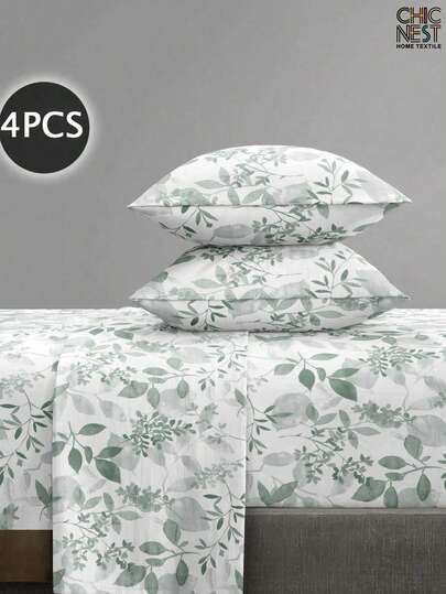 4Pcs/Set Light Green Leaves Flower Pattern Sheet Set Bedding Set, 1pc Fitted Sheet & 1pc Flat Sheet& 2pcs Pillowcase Bedding Mattress Protector Set (Not Including Pillow Core)Luxury Fitted Sheet Set King Queen Full TWIN SIZE Sheet Deep Pocket Up To 11.8 Inch Pillowcase, Soft Breathable Wrinkle-Free Better For Sleep, Luxury Hotel Style, Gift For Mom Dad Friend