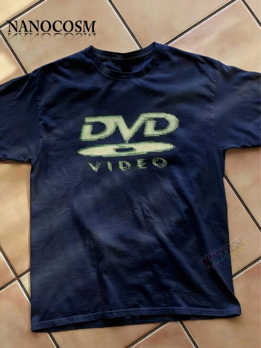 [100% Cotton] DVD Video Nostalgic Green Logo, Vintage Gaming Print T-Shirt, 2000s Aesthetic, Retro Good Shirts, Casual Round Neck Short Sleeve Pullover Tops For Spring / Summer / Fall -Unisex Women & Men's Campus Daily Wear - 藏青色 - 查看 1