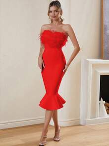 Furry Decor Bandage Bodycon Mini Dress, Suitable For Cocktail Party Wedding - Red - View 1