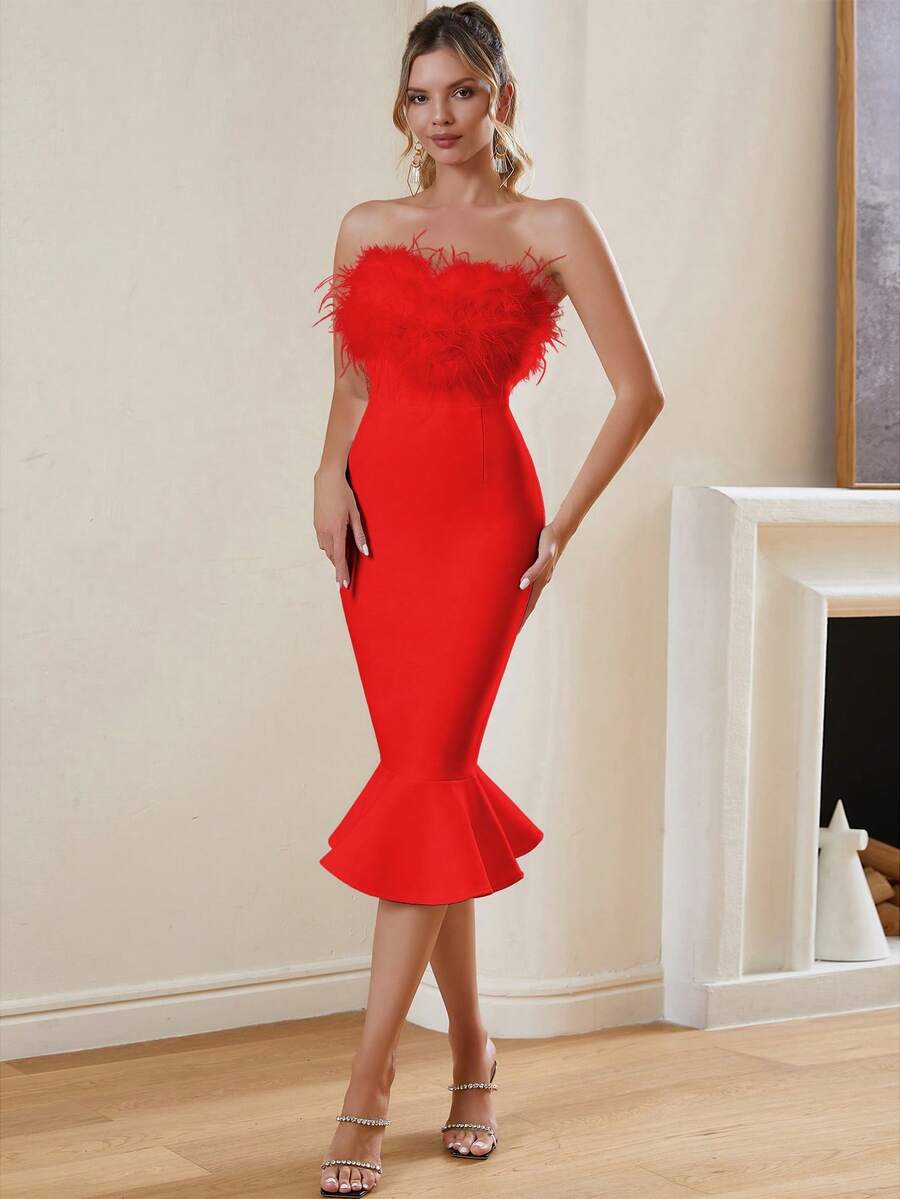 Furry Decor Bandage Bodycon Mini Dress, Suitable For Cocktail Party Wedding - Red - View 1