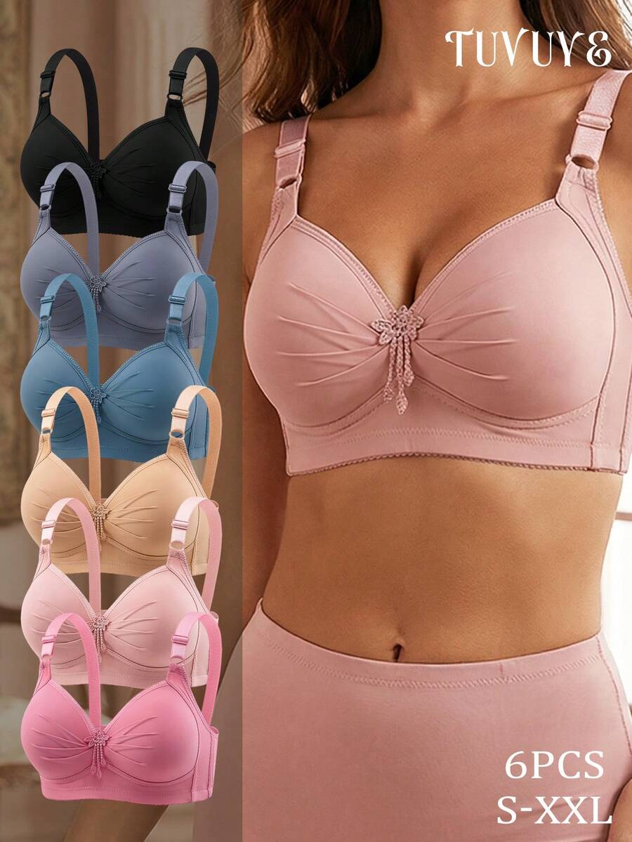 6-Pieces Women's Seamless Wire-Free Push-Up Bra Set Adjustable Straps And Smooth Texture For Comfortable Everyday And Formal Wear Built-In Non-Removable Cups Provide Elegant Lift Ideal For Daily Wear And Special Occasions Perfect For Casual And Formal-(S-XXL)-TUVUYE - 彩色 - 查看 1
