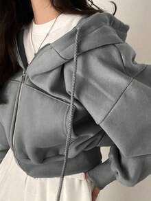 YCYC Women's Solid Color Hooded Zip-Up Sweatshirt - Dark Grey - View 3