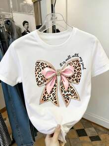 少女休闲趣味印花圆领短袖T恤，夏季上衣 - 白色 - 查看 1