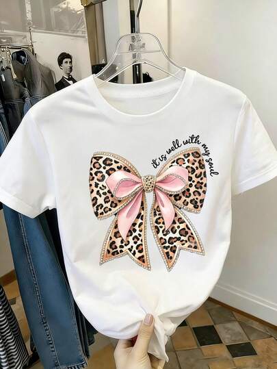 少女休闲趣味印花圆领短袖T恤，夏季上衣