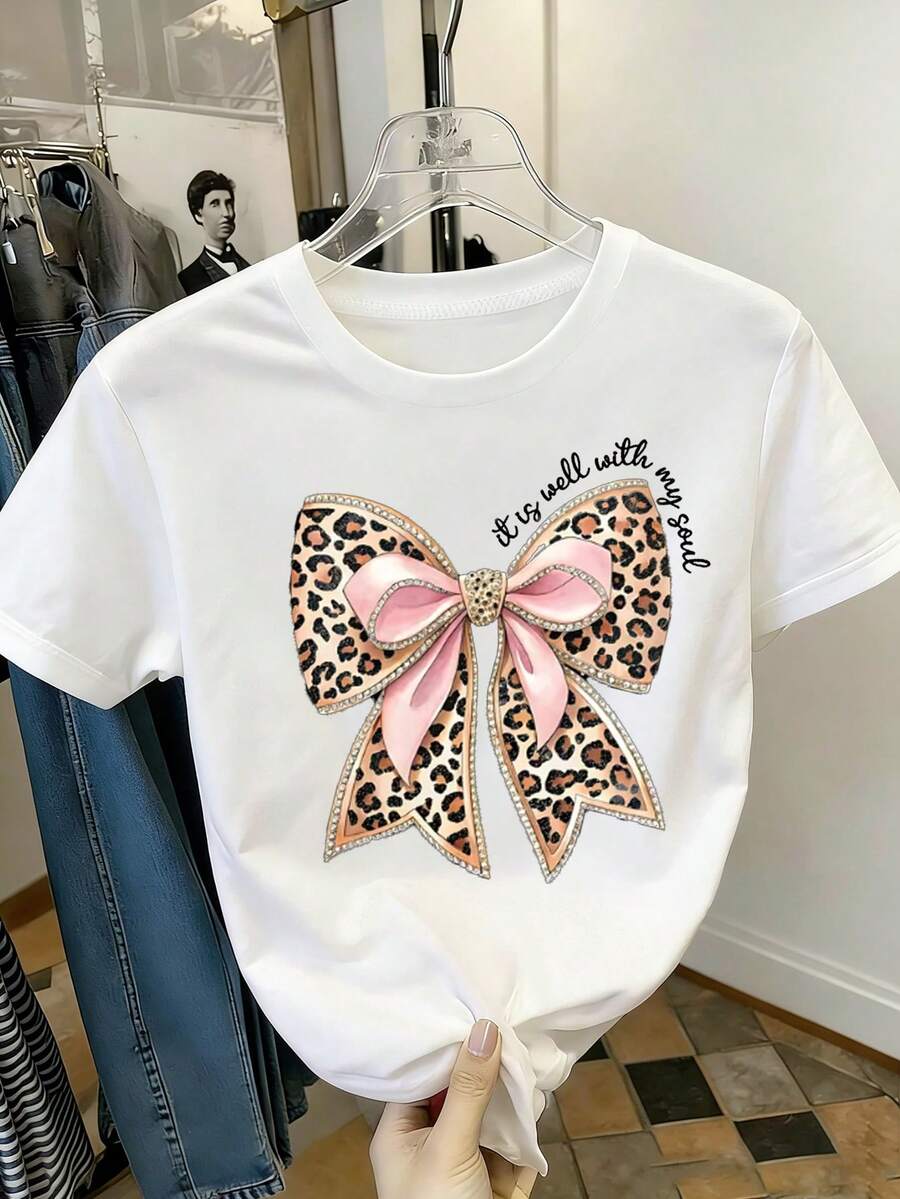 少女休闲趣味印花圆领短袖T恤，夏季上衣 - 白色 - 查看 1