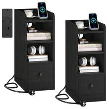 HaluPeit Bedside Table Set Of 2, With Charging Station, USB & Type C Connection, Narrow Side Table, 3 Levels Of Storage Space With 1 Drawer, Space-Saving, For Bedroom, Living Room - Black - View 8