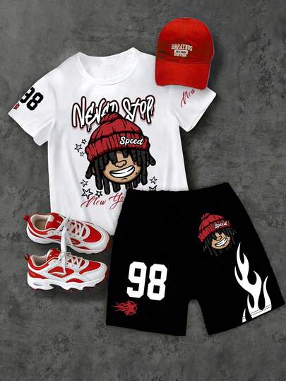 Tween Boy Cartoon Graphic Print Short Sleeve T-Shirt And Shorts Summer Set