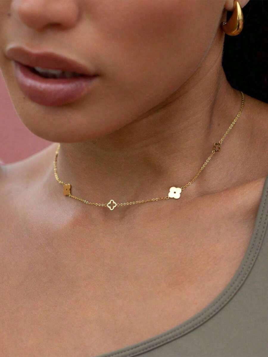 1pc Minimalist Stainless Steel Four-Leaf Clover & Plum Blossom Hollow Pendant Necklace, Lucky Flower Jewelry Suitable For Women, Everyday Wear, Summer - 黃金3 - 查看 1