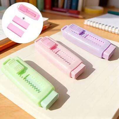 1 Set de Borradores Deslizantes, incluye 3 borradores, borradores de alta calidad de empujar y tirar en colores aleatorios, duraderos y efectivos para escribir y dibujar, adecuados para oficina, estudio, papelería, suministros de arte, de vuelta a la escuela