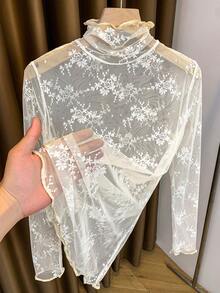 2024 New Lightweight High Neck Lace Camisole, Ruffled Mesh Undershirt For Women, Spring & Autumn Casual - Apricot 1 - View 2
