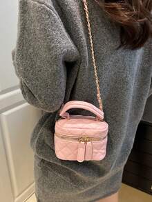 菱形链条斜挎包，时尚百搭手提包，双拉链单肩包 - 粉色 - 查看 4