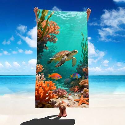 1条海底世界主题浴巾，超柔软超细纤维特大号沙滩毯，超强吸水浴巾，适合旅行、游泳池、潜水、冲浪、瑜伽、露营等场合，多种尺寸可选，沙滩、泳池、旅行、露营、瑜伽必备用品