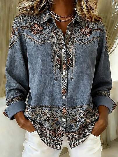 母亲节休闲碎花长袖衬衫，大码女款，春季款