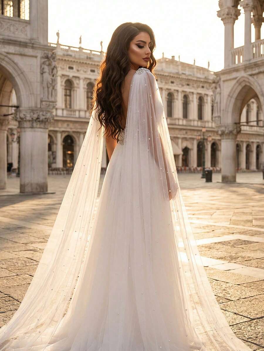 2pcs Long Trailing Wedding Shawl With Pearl Decor Brooch, Suitable For Wedding Dress, Gown, Party, Prom