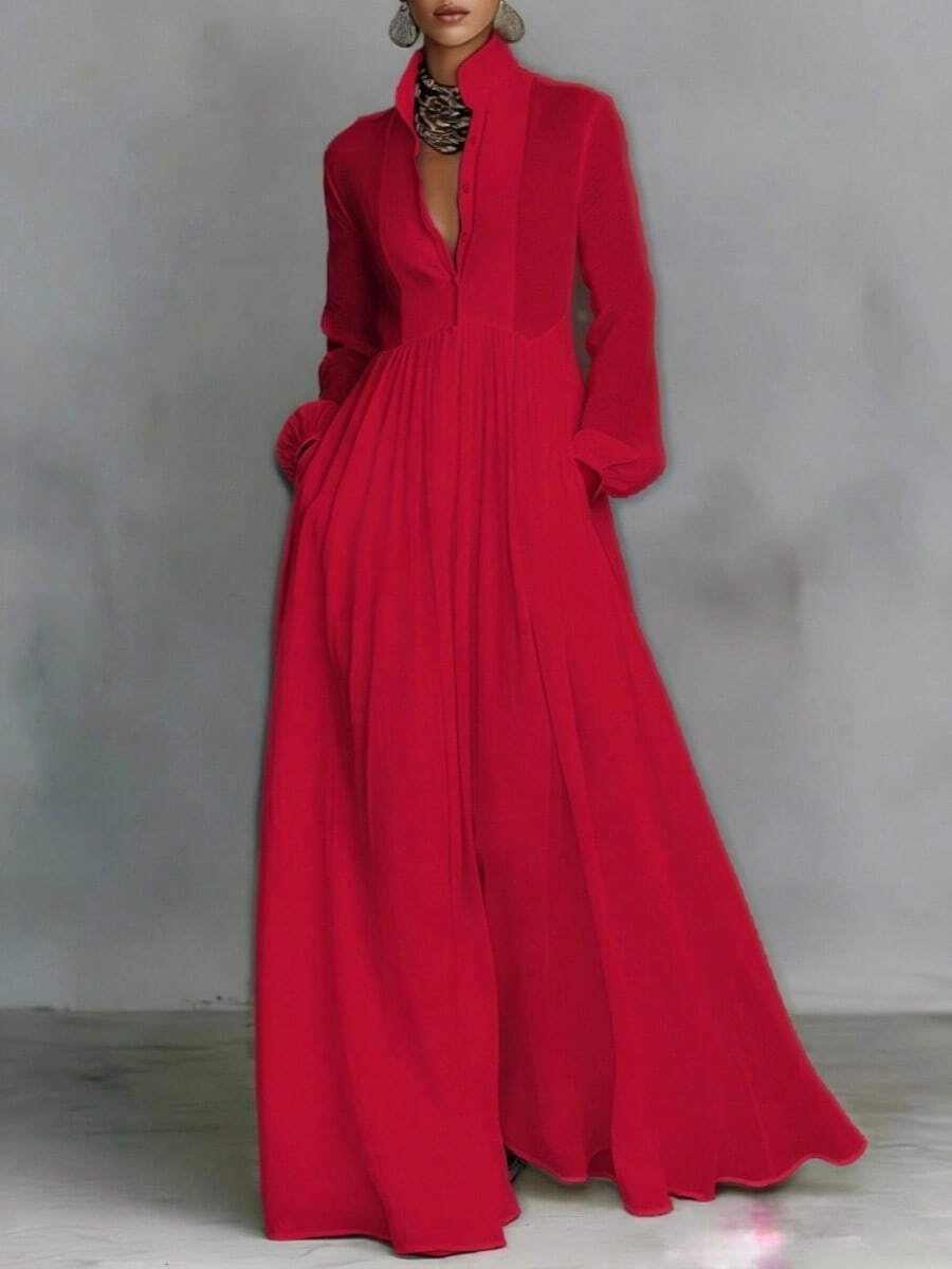 Spring And Summer New Temperament Waist Thin Long Sleeves Pleated Word Long Holiday Skirt French White Dress - Red - View 1