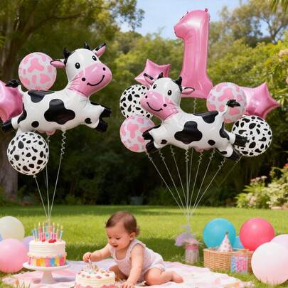 Set de 9 globos de aluminio con diseño de vaca, incluye globos con números rosas, adecuado para decoración de fiesta de cumpleaños con tema de granja, baby shower, fiestas en casa