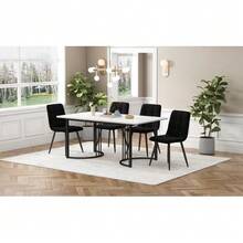 Dining Set (5 Pieces), Table And 4 Chairs, Modern Kitchen Set, 140*80cm Kitchen Table With Black Metal Legs, White MDF Top, Black Velvet Dining Chairs - Black - View 2