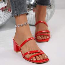Women's Solid Color Party PU Leather Patent Thick Heel High Heel Sandals, Summer - Red - View 4