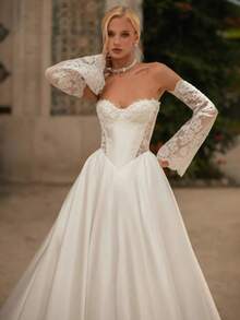 Timeless Strapless Sweetheart Lace & Satin A-Line Wedding Dress, Wedding Dresses For Bride, Elegant And Comfortable, Includes Plus Sizes, Bridal Gown, Formal Dresses For Women, Suitable For Wedding, Party, After-Party Dress, Cocktail Party, Bride, Formal Occasions, Dinner Dress, Prom Dress, Birthday Party, Celebration, Gala, Festival, Ceremony, Graduation, Homecoming Dress, Vacation, White - 白色 - 查看 2