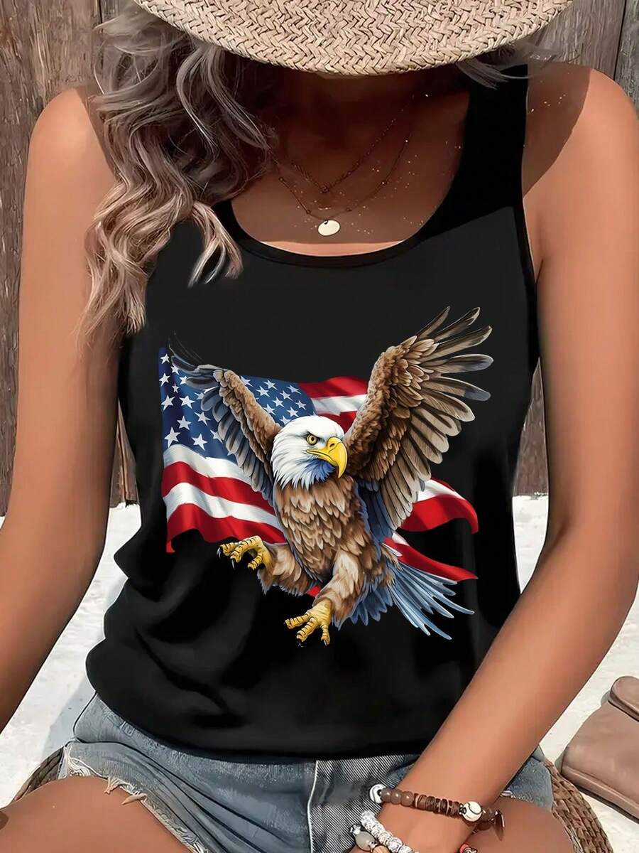 American Flag Elements Graphic Women'S Tank Top For SpringSummer, Machine Washable, Patriotic Holiday Outfits - màu đen - Xem 1