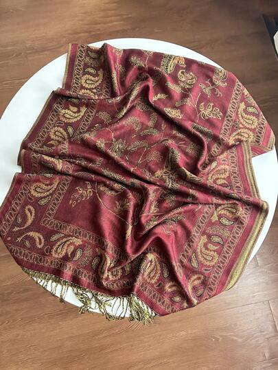 1pc Women's Maroon Floral & Paisley Jacquard Scarf, Classic Retro Elegant Bohemian Style, Fashionable Floral Pattern, Versatile Jacquard Scarf Suitable For Pairing With Veils, Robes, Soft Headscarves, Etc.