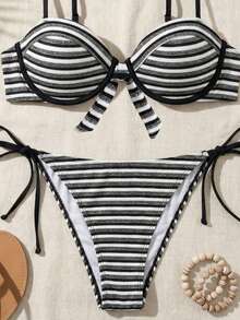 Sultry Sol Conjunto de bikini de triángulo micro con cuello de halter y corbata a rayas, traje de baño sexy de verano para mujer - Blanco y Negro - Ver 9