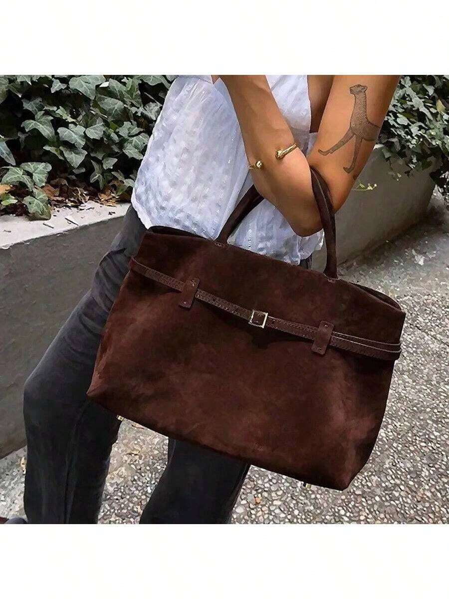 Women's Faux Suede Bag Casual Slouchy Large Faux Suede Tote Handbag Bucket Tote Retro Wallet Vintage Shoulder Bag - 咖啡棕 - 查看 1