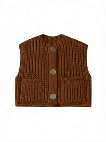 Women's Solid Color Knitted Pocket Decor Thick Knit Vest - Brown - View 2