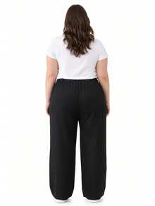 Women's Plus Size Boho Casual Wide-Leg Pants With Drawstring Pockets For Everyday Wear - Negro - Ver 2