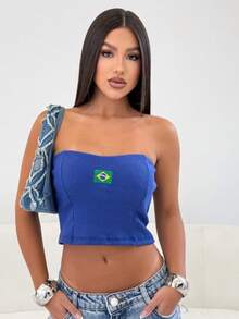 Top Tube Cropped Brasil Copa Do Mundo Tomara Que Caia Feminino Ribana Canelado Verao 2026 - Azul - Visão 4
