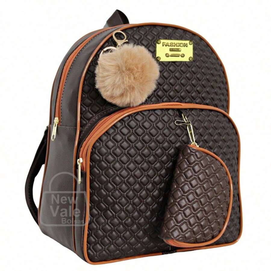 Women's Backpack, Reinforced Small Backpack With Beautiful Exclusive Coin Purse + Pompom Keychain - Coffee Brown - View 1