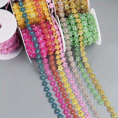 1pc 1.5cm/0.59in Width Elegant Double Line Plastic Plum Blossom Beaded Chain Trim With Rhinestones Garland For Sewing Bridal Dress Decor Weddings Party Home Decor, DIY Creative Decorations, Jewelry Making Kits, Gift Wrap Decoration (91cm/35.8in Per Pack)