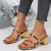 Women's Solid Color Party PU Leather Patent Thick Heel High Heel Sandals, Summer - Gold - View 3