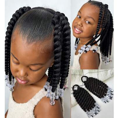 2 piezas Pelucas de coleta corta esponjosa de 6 pulgadas, con cuentas de colores, material de fibra sintética resistente al calor, extremos con cuentas, accesorio de cabello para regalo de niños