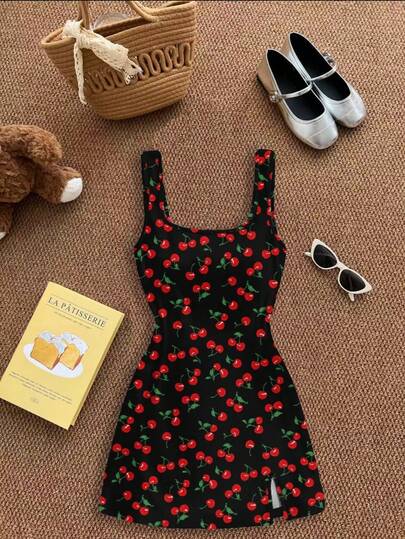 女士碎花樱桃可爱优雅开衩连衣裙，无拉链，适合海滩和日常穿着，圣诞黑色