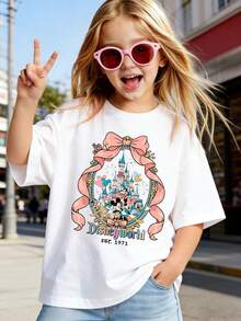 Summer Tops,Disneyworld   Print Graphic Tee, Perfect For Cute Girls. Teen Girl Gift,Comfortable And Breathable Children's Short-Sleeved T-Shirt. 180g Pure Cotton Children's Clothes,Suitable For Both Boys And Girls.Suitable For Daily Wear, Vacations, Outdoor Activities, And As A Children's Gift. - 白色 - 查看 2