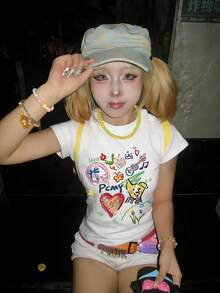 2026 Summer New Women's Fitted Cropped Top, Cute Puppy Print Graffiti Pattern, Sweet Y2K Versatile Round Neck T-Shirt, 1 Piece - White - View 2