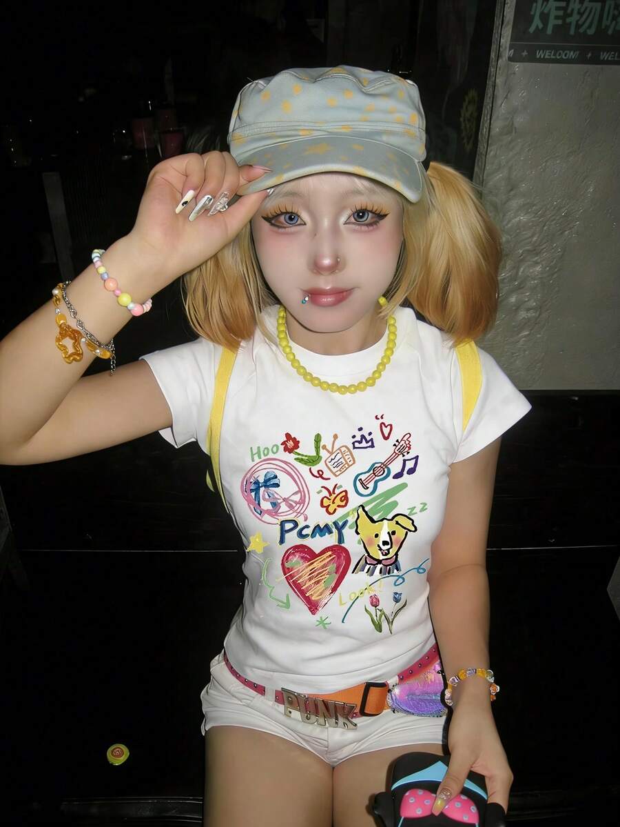 2026 Summer New Women's Fitted Cropped Top, Cute Puppy Print Graffiti Pattern, Sweet Y2K Versatile Round Neck T-Shirt, 1 Piece Casual White - White - View 1