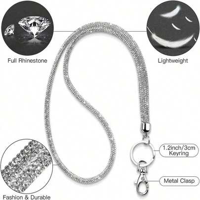 1pc Crystal Lanyard With Rhinestones, Approx. 31.5 Inches (80cm) Long, With Metal Clasp And Key Ring, Suitable For Office, School And Other Occasions