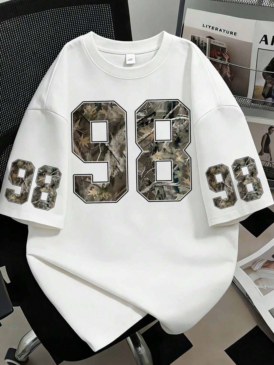 Casual Round Neck Numeric 98 & Camouflage Branch Print Fitted Women T-Shirt, Suitable For Summer - White - View 1