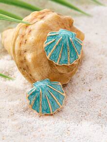 1 Pair Women's Enamel Fan-Shaped Shell Earrings, Ocean Blue Fan-Shaped Shell Earrings, Summer Beach Jewelry Gift - Multicolor - View 2