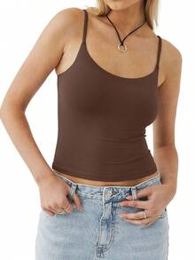 Women's Basic Double Lined Scoop Neck Tank Tops Adjustable Cami Tank Summer Sleeveless Tops - màu nâu cà phê - Xem 6