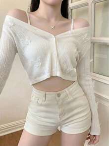 女士透视针织开衫，饰有3D蝴蝶图案 - 时尚优雅休闲甜美白色纽扣长袖上衣，适合春夏假期穿着 - 白色 - 查看 4