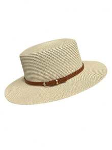 新款草帽 女士宽檐遮阳帽 平顶帽 法式复古简约休闲沙滩遮阳帽 时尚百搭，涤纶材质，防风防紫外线，春夏款 - 帽子 - 查看 4