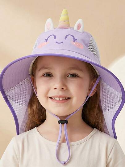 1pc Kids' Lightweight Quick-Dry Cartoon Wide Brim Sun Hat, Summer Beach UV Protection Neck Cover For Baby Girls