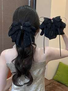 Pinza para el cabello con lazo de cinta de malla con strass con efecto de caída, elegante clip para cola de caballo de alta gama para mujeres - Negro - Ver 1