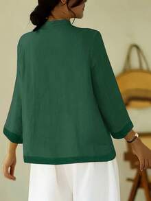Blusa holgada y cómoda para mujer con cuello mao, botones, parches de malla y estilo retro artístico chino - Verde - Ver 3